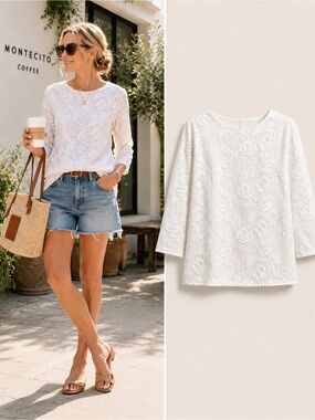 Talbots Winter White Floral Embroidered Blouse Size 14 Bridal Garden Cotton Top